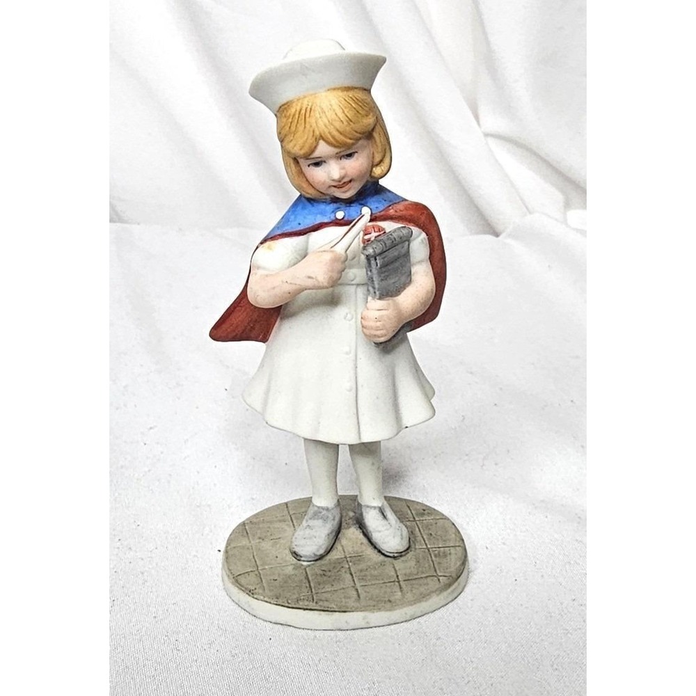 VTG Reco Nurse Figurine 5in White Blue Red Vintage Style Porcelain Girl